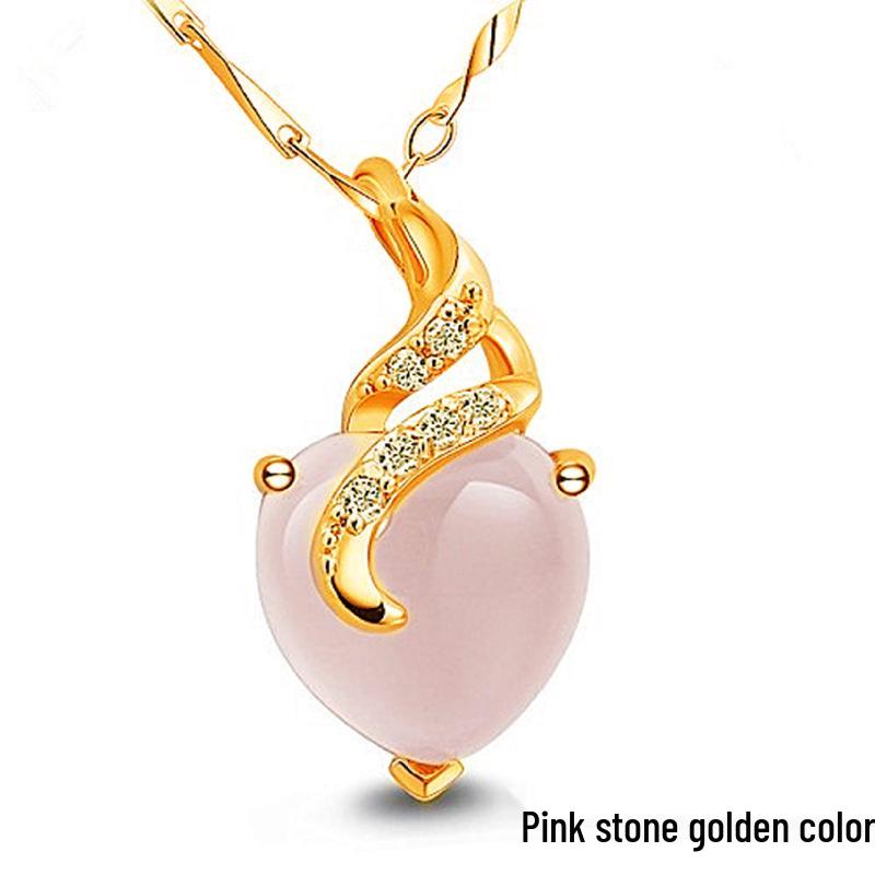 Korean Style Rose Gold Heart Necklace with Natural Rose Quartz Pendant - Women's Pink Crystal Clavicle Chain