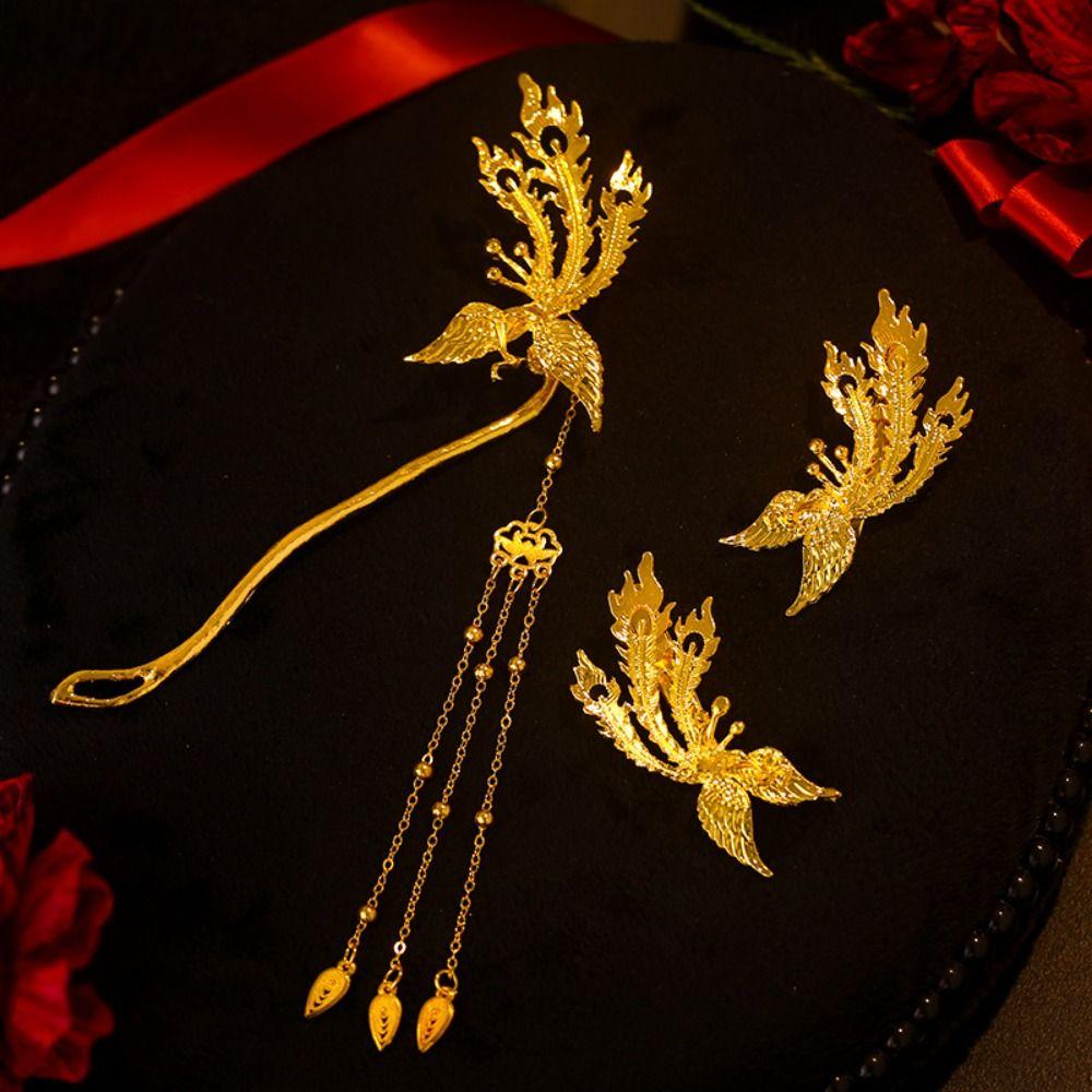 Gold Tassel Hairpins Ancient Style Bridal Hair Ornament Classical Phoenix Hairpin Set  Ladies