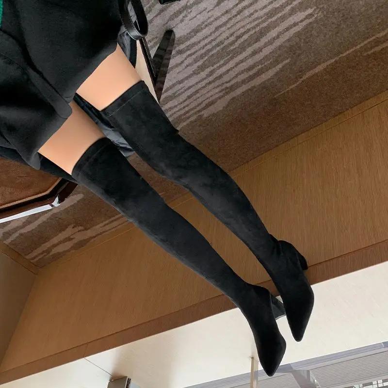 

Сексуальные высокие сапоги женские 2024 зима новая мода ботфорты теплые ботильоны замшевые на молнии сзади туфли-лодочки носки обувь сапоги на высоком каблуке 40 чёрный