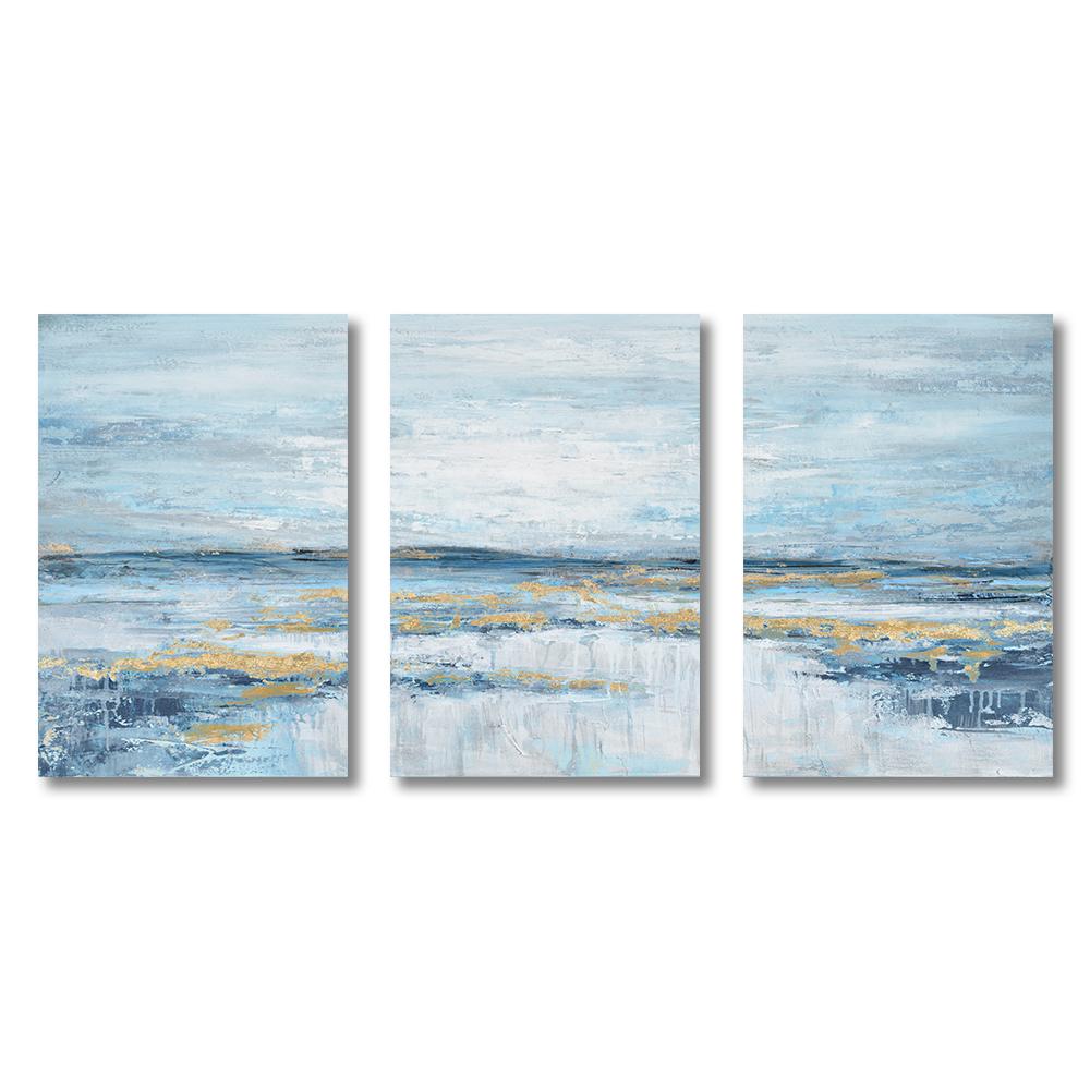 3 Panels Nordic Abstract Ocean Canvas Painting Coastal Theme Artwork Blue Gold Sunset & Sunrise Wall Art Posters for Living Room