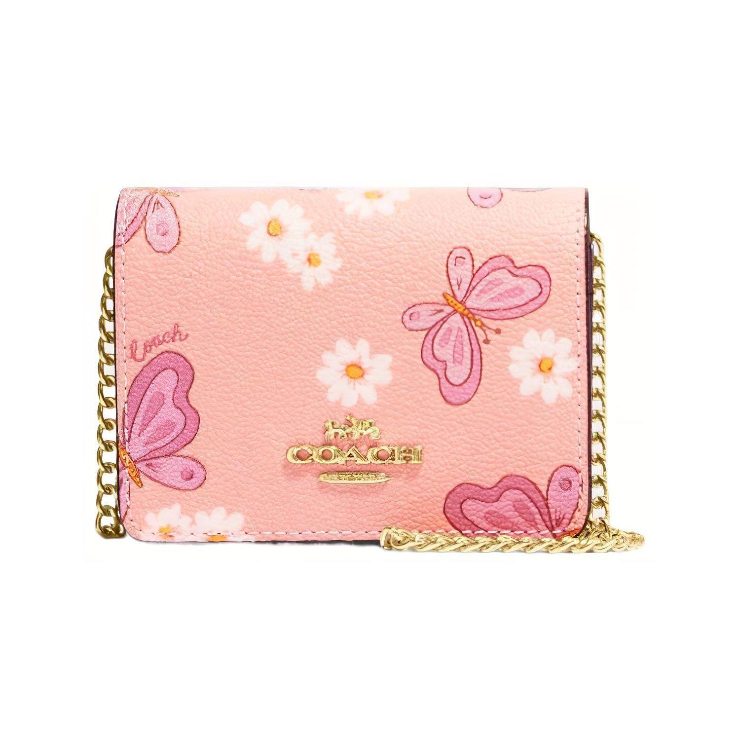 

Coach 10 Gold Letter Logo Cute Butterfly Print Flap Chain Short Canvas Leather Crossbody Wallet Mini Women bags Pink CH254-IMTIV Basic Set (Bag+Dust Bag)