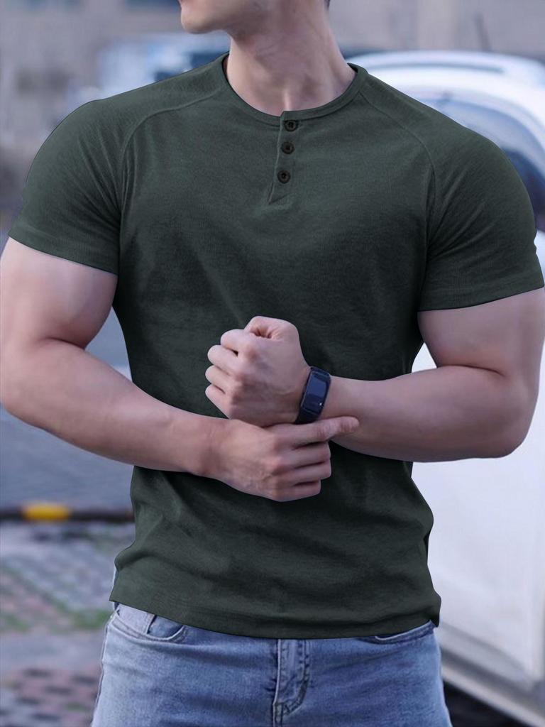 2024 Men's Semi-Tight Henley Fitness Shirt - Solid Color Striped Stretch Short Sleeve Athletic Top