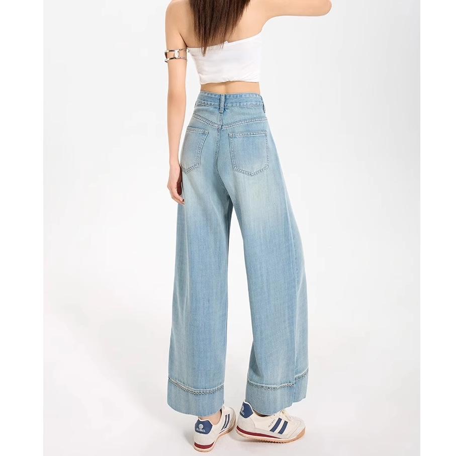 Women's Light Blue Tencel Wide-Leg Cropped Jeans, Summer Thin, Plus Size & Petite, High Waist, Drapey Style