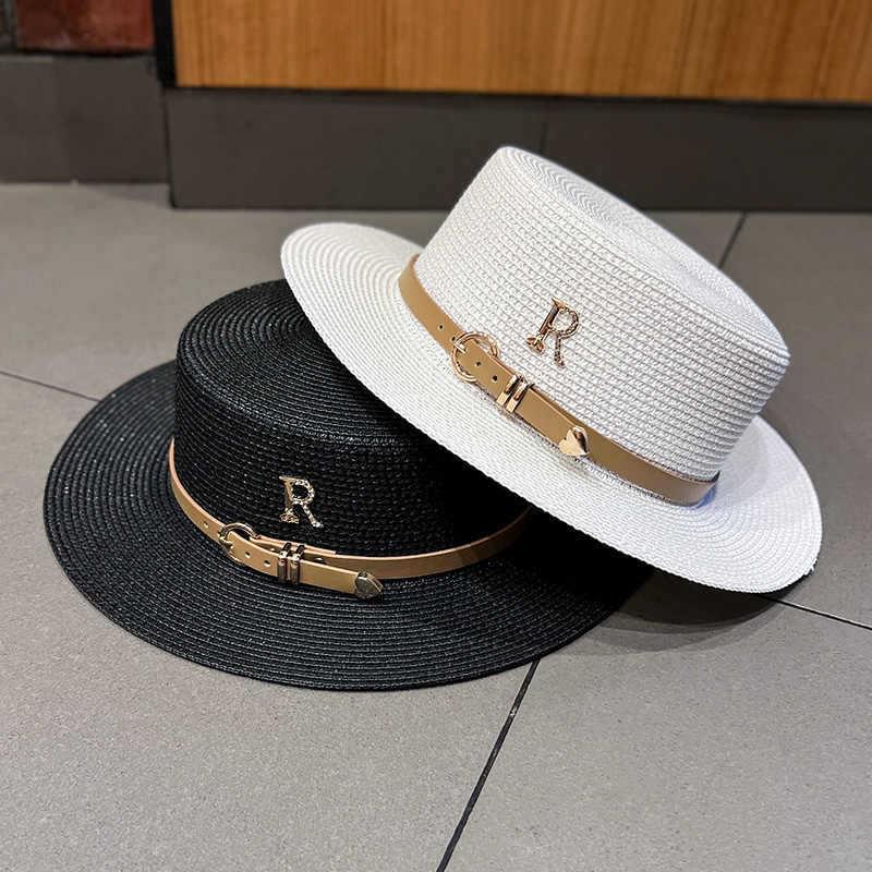 Women's Retro British Style Sun Hat with Rhinestone Letter & Leather Belt
