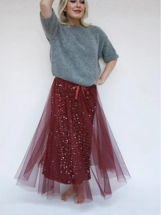 2025 European Style Women's Solid Sequin Mesh Skirt - Casual Fashion
