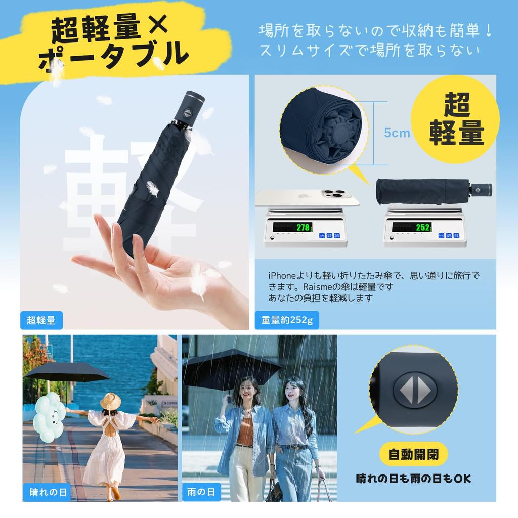 Folding Umbrella with Automatic Memory Suitable for and Compact Folding Black Open/Close Function, Foam, Ultra-Lightweight (256g), Wind-Resistant