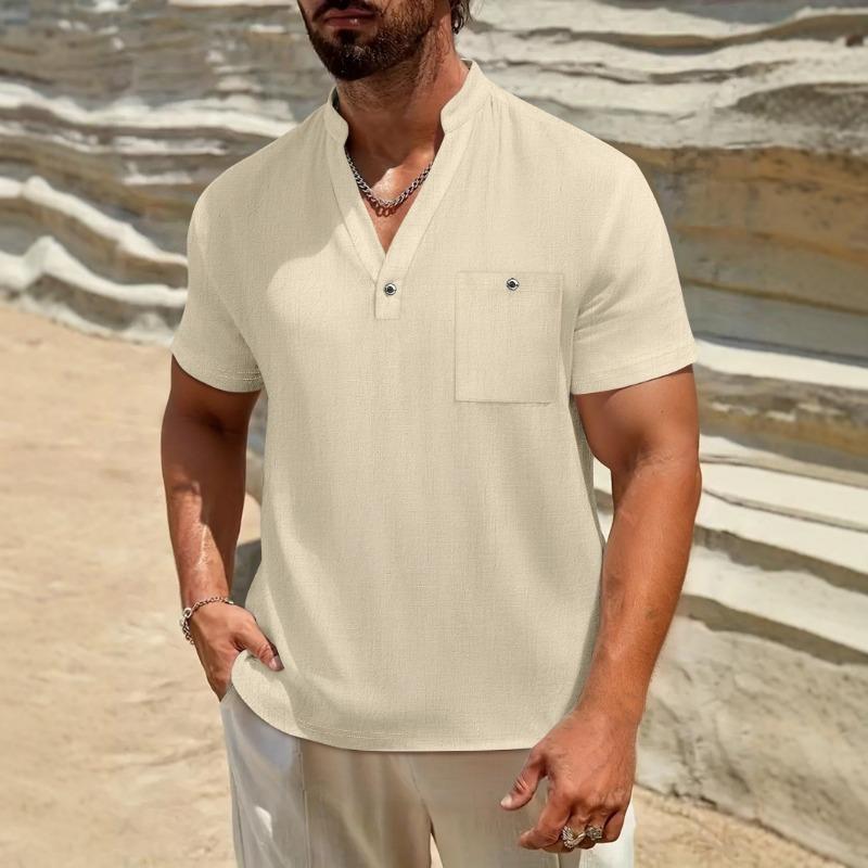 Mens Casual Short Sleeve Cotton Linen Summer Polo Shirt S абрикосовый