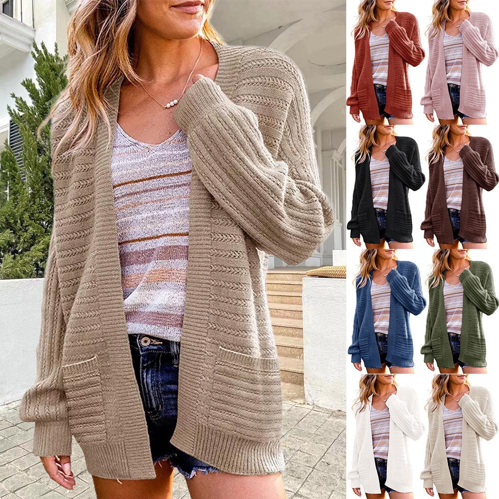 European & American Women's Hollow Knit Lantern Sleeve Cardigan - Autumn/Winter 2024 Style.
