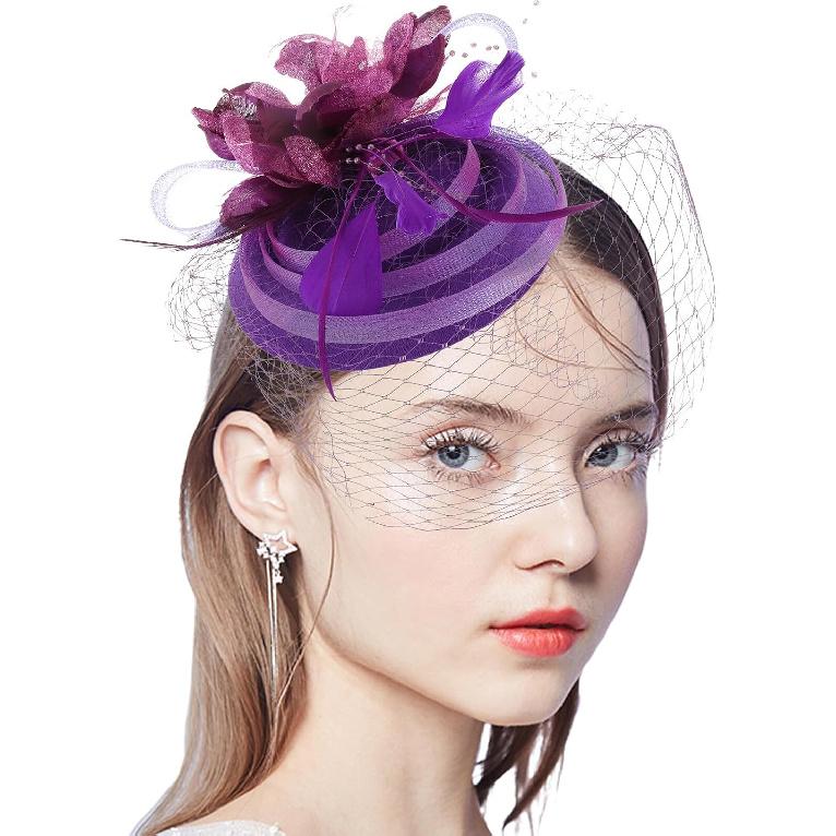 LIOOBO Wedding Bride Fascinator Headband with Purple Floral Mesh Small Hat, Vintage Women’s Headdress for Tea Party and Special Occasion