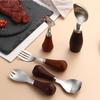 304 Stainless Steel Wooden Handle Spoon Standing Wood Handle Fork New Kids Soup Spoon  Kitchen Tool