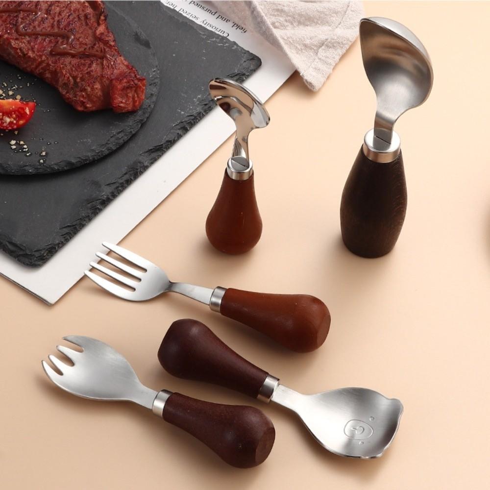 304 Stainless Steel Wooden Handle Spoon Standing Wood Handle Fork New Kids Soup Spoon Kitchen Tool