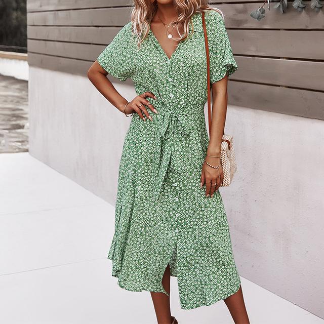 Dámské Dlouhé šaty s květinovým potiskem Vintage Bandage Jednořadové plážové šaty s výstřihem do V Dámské Boho Župan s krátkým rukávem Knoflík Vestidos