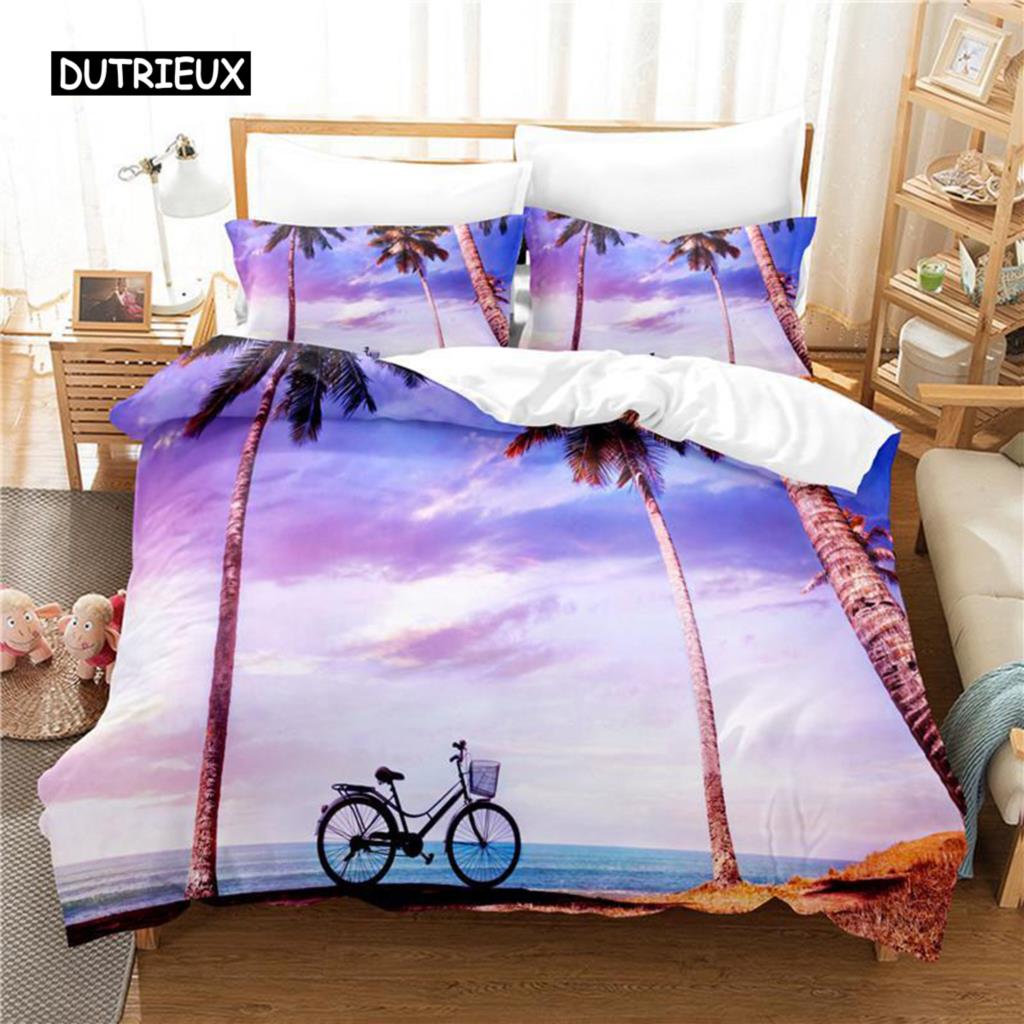 Ocean Duvet Cover Set, Tropical Island with The Palm Trees and Sea Beach Nature Theme Print Twin Bedding Set for Teens