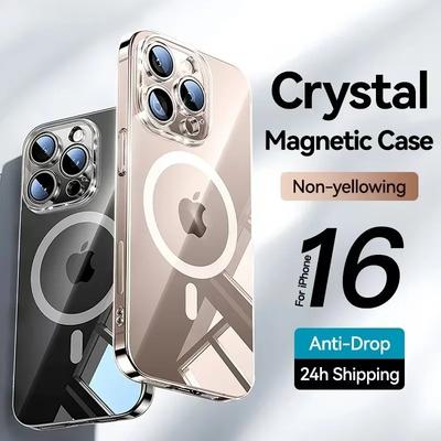 Capa Magnética Para iPhone 16 15 14 13 12 Pro Max Capa Transparente Anti Amarelamento Para iPhone 16 Pro Carregador Sem Fio Capa Fina