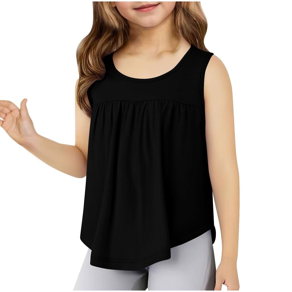 Children's Round Neck Casual Solid Color Sleeveless Pleated T-shirt Top