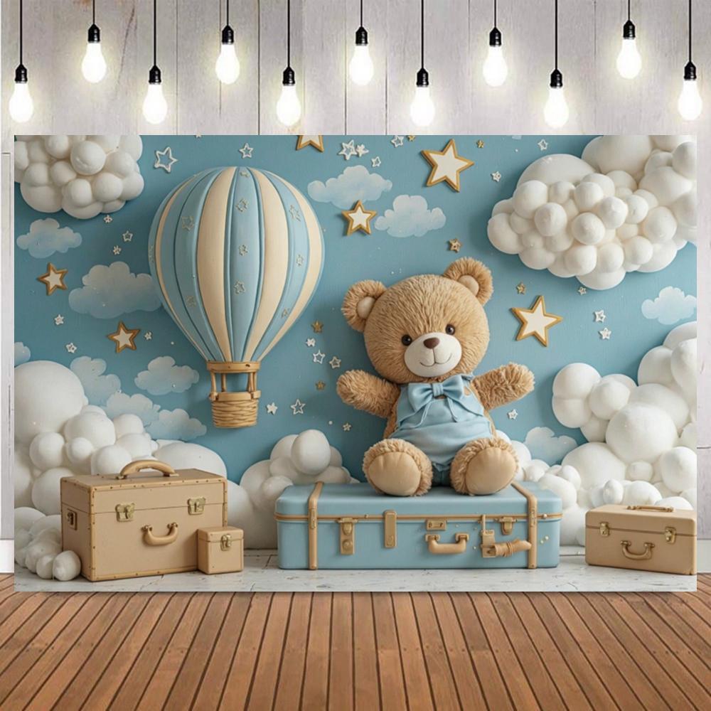 Pink Blue Dreamy Floral Clouds Photo Background Doll Bear Hot Air Balloon Newborn Baby Shower Birthday Party Decor Background14