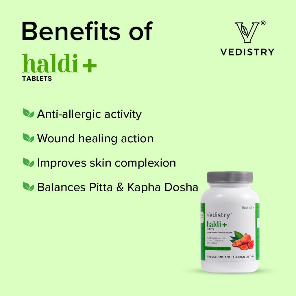 Vedistry Ayurvedic Haldi+ Tablets for Clear Skin, Immunity, Joint Care & Wellness – 60 Tablets X Pack of 2