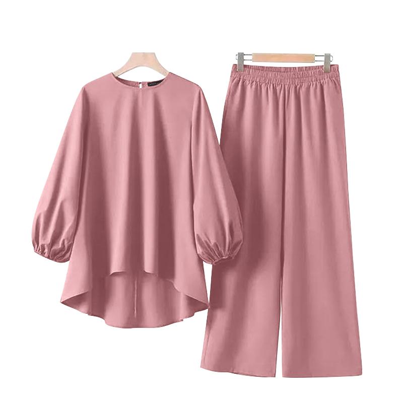 ZANZEA Women High Low Hem and Pants Casual Two Piece Suit Sets