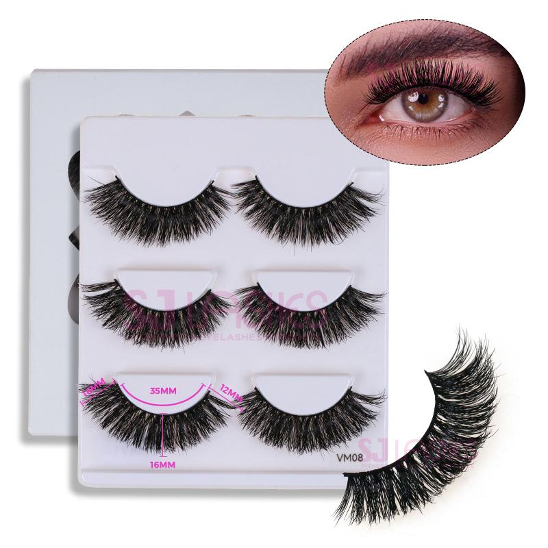 3 Pairs High Quality Strip Lashes Handmade Natural for Fluffy Mink Lashes Custom Logo Box Packaging