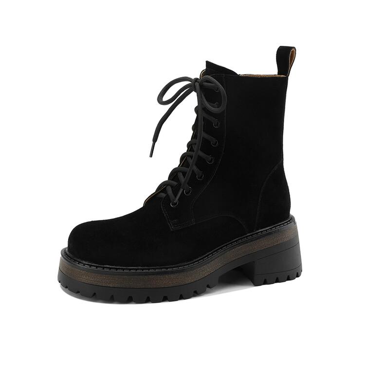 Fashion New Autumn Winter Cow Suede Women Boots Fashion Lace Platform Boots for Women Chunky Heel Short Boots Botines Mujer High Heels