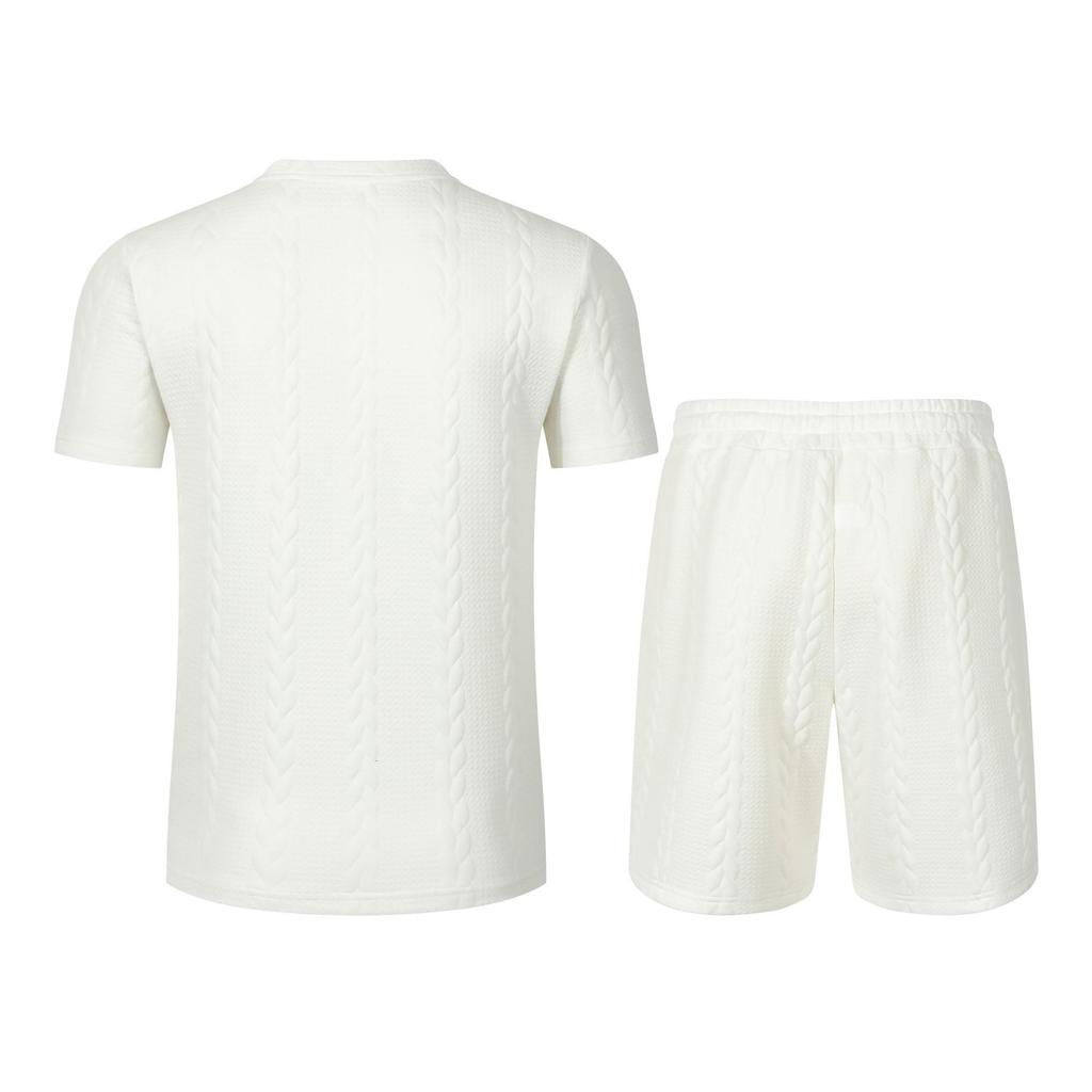 Men's European Solid Color Jacquard Summer Casual Round Neck Short Sleeve T-shirt & Shorts Set