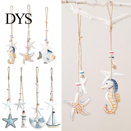 Hanging Sea Creature Display Mediterranean Nautical Wall Decor, Handcrafted Wooden Ocean Style Ornaments, Decorative Pendants with Animal Cotton Rope