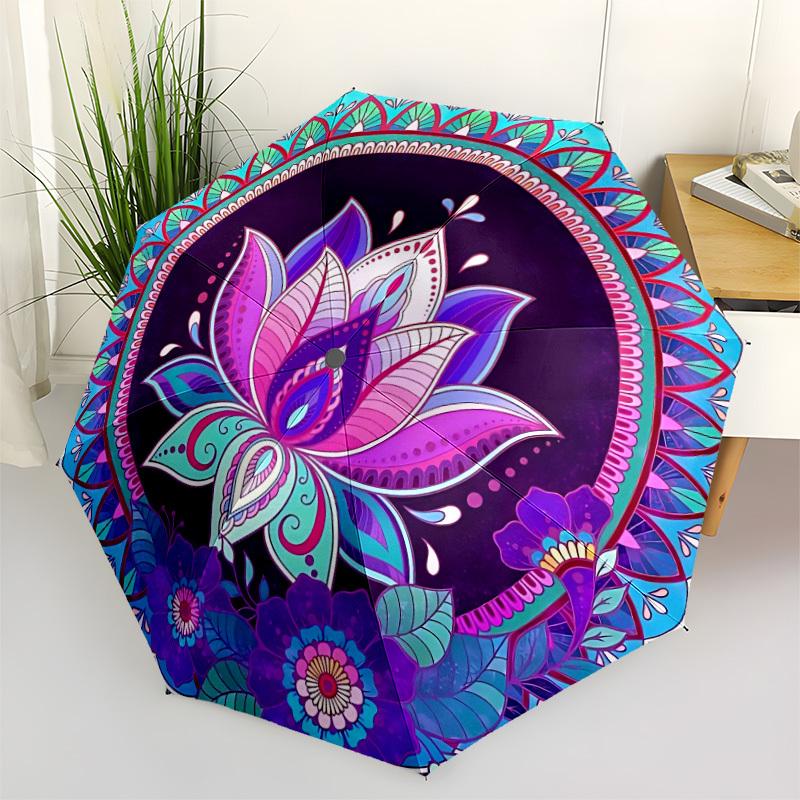 

1pc Lotus Mandala Automatic Umbrella Portable Home Essential Umbrella, Iron Umbrella Structure Suitable for All Seasons yy251123103