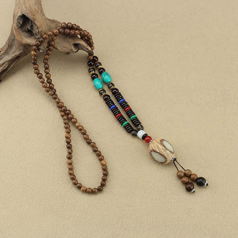 Ethnic Style Bodhi Sweater Necklace with Cotton Linen and Wood Prayer Beads