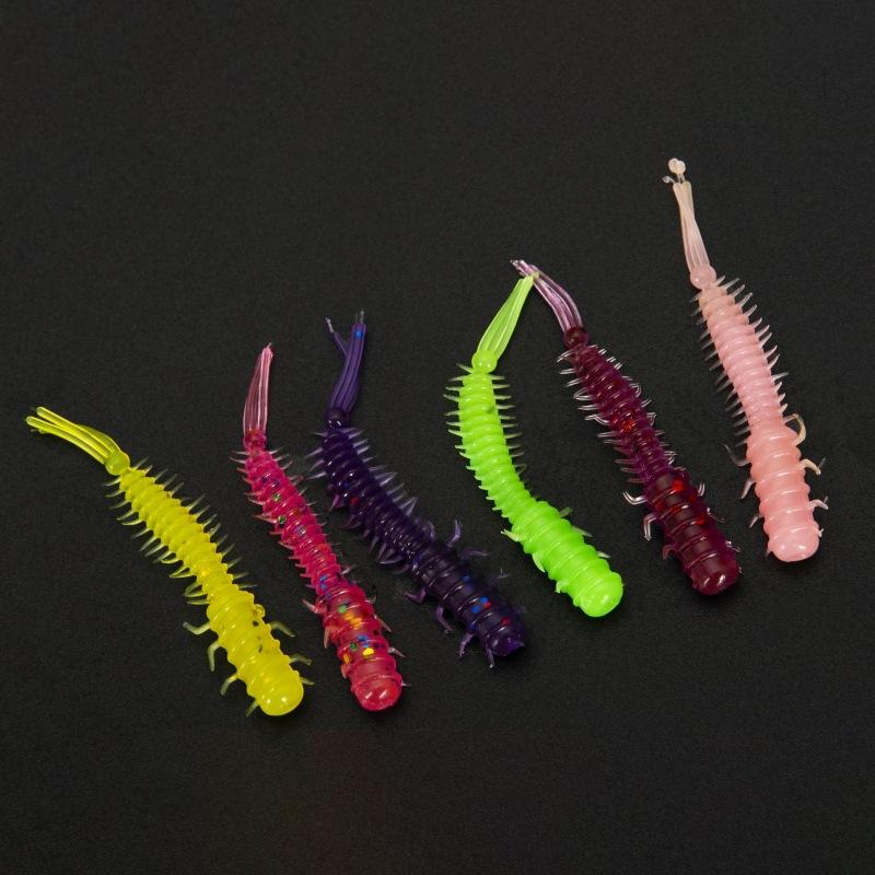 MNFT 60Pcs 45mm/0.4g Luya Soft Fishing Bait PVC Root Fish Bait 3-tail Spiral Multi-Colors Slug Bait