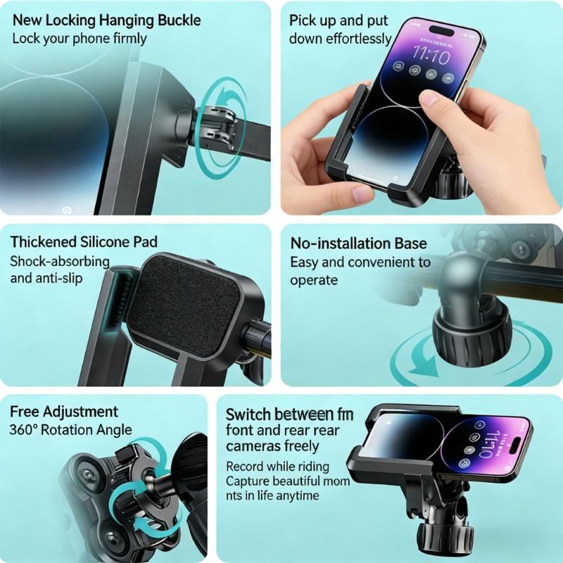 Universal Bike Phone Holder Adjustable 360 Degrees Aluminum Motorcycle Phone Stand for Smooth Photography On Rough Roads