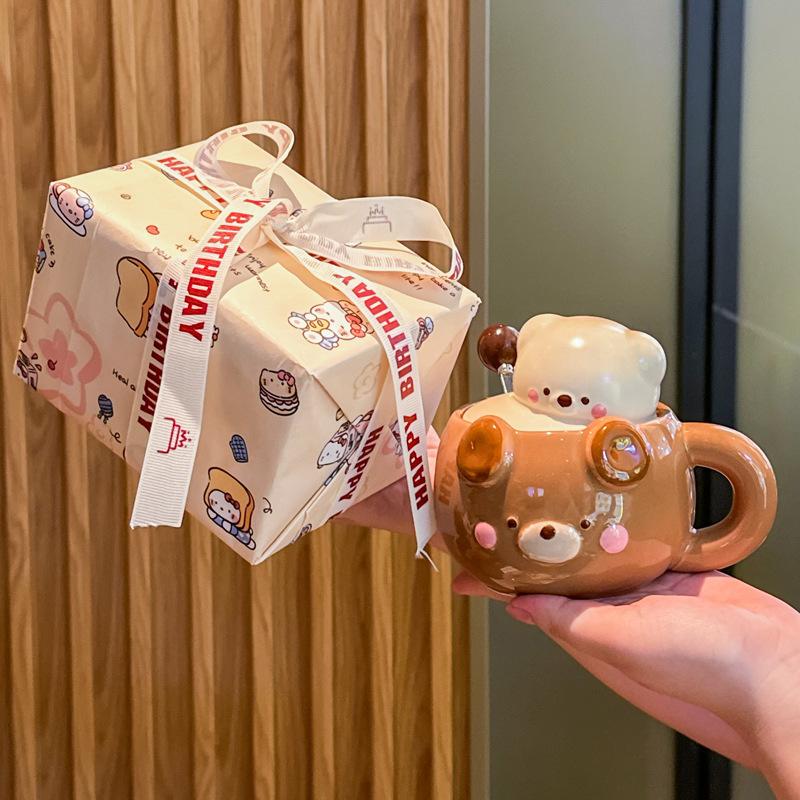 Cute Cream Bear Cup, Girls Ceramic Mug, High-value Souvenir, Practical Birthday Gift for Girlfriends