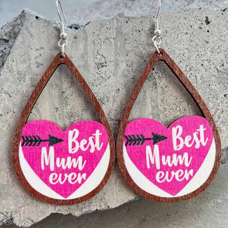 1 Pair 2023 Cut Wooden MOM I LOVE YOU Teardrop Heart Wood Dangle Earrings for Mom Mother Day Gift Novel Wood Jewelry