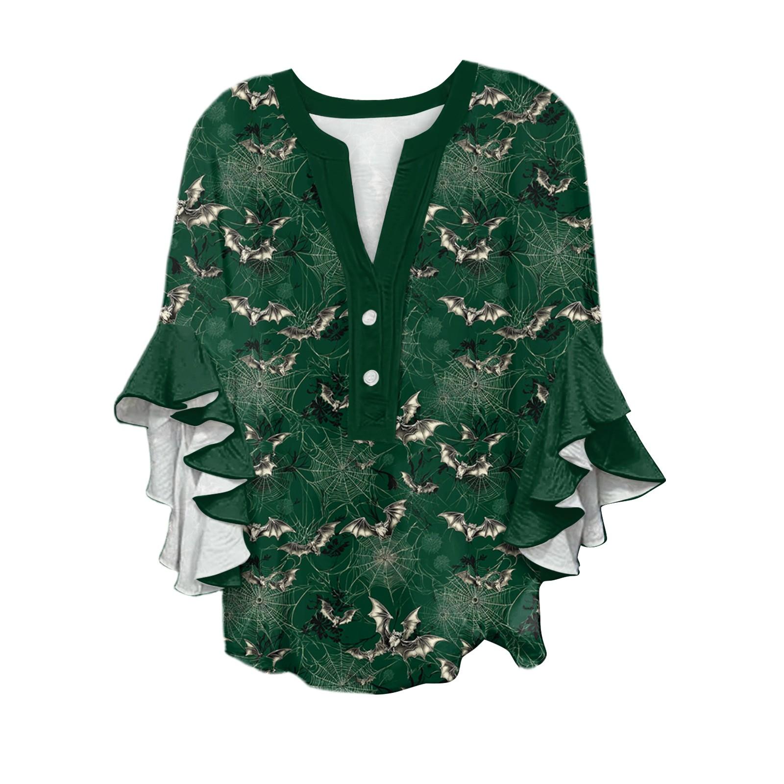 

Women s V-neck Seven Quarter Sleeved Shirt Halloween Printed Top Casual Shirt XXL
