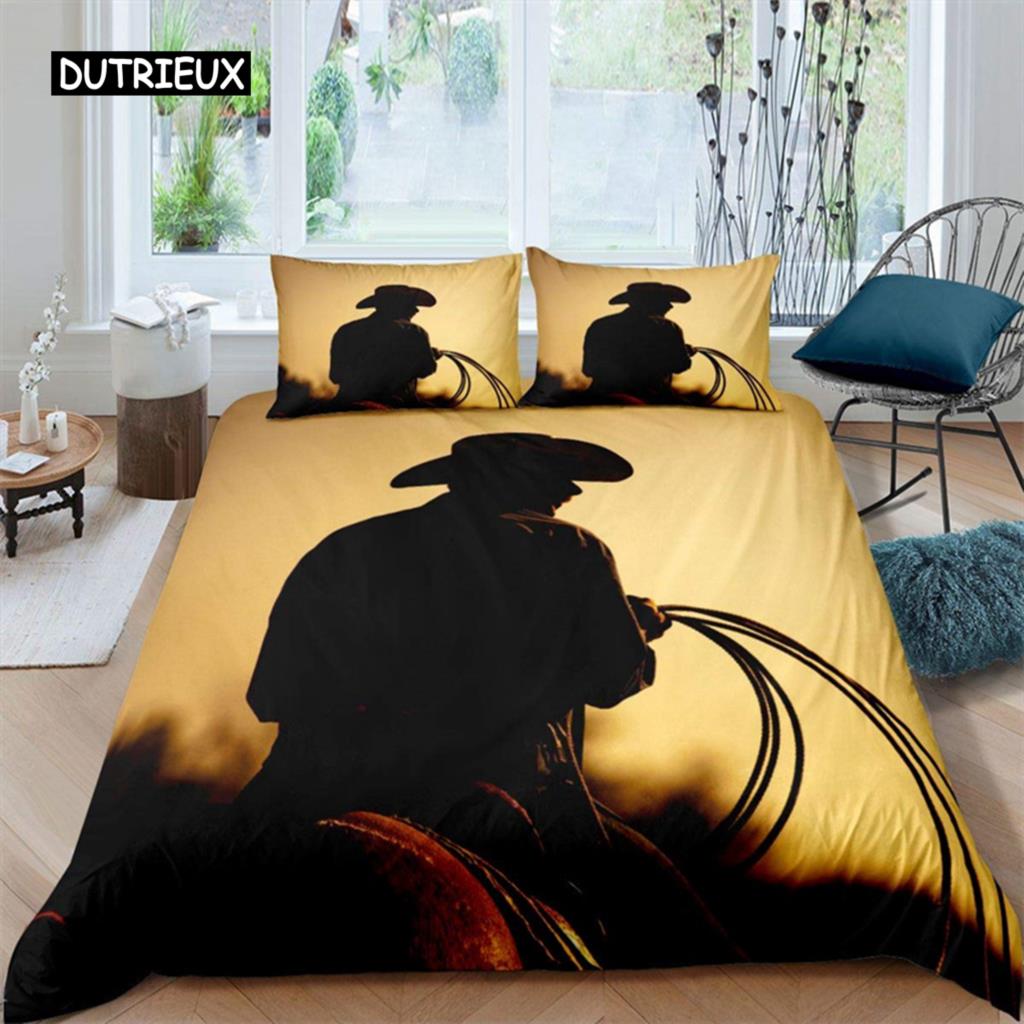 Western Cowboy Duvet Cover Rodeo Cowboy Riding Bull Horse Bedding Set Full For Boys Teen Microfiber Farmhouse Style Quilt Cover