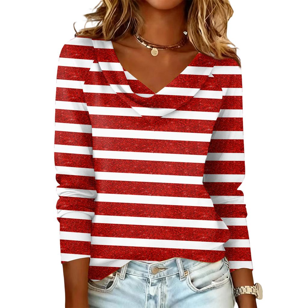 Ladies' Striped Printed Casual and Fashionable Long Sleeved Pullover Top