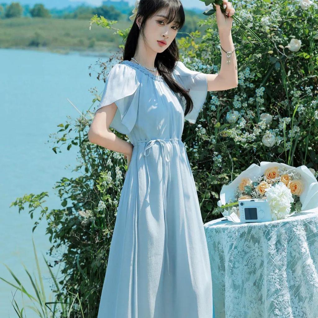 Elegant French Style Long Dress with Petal Sleeves and Belted High Waist