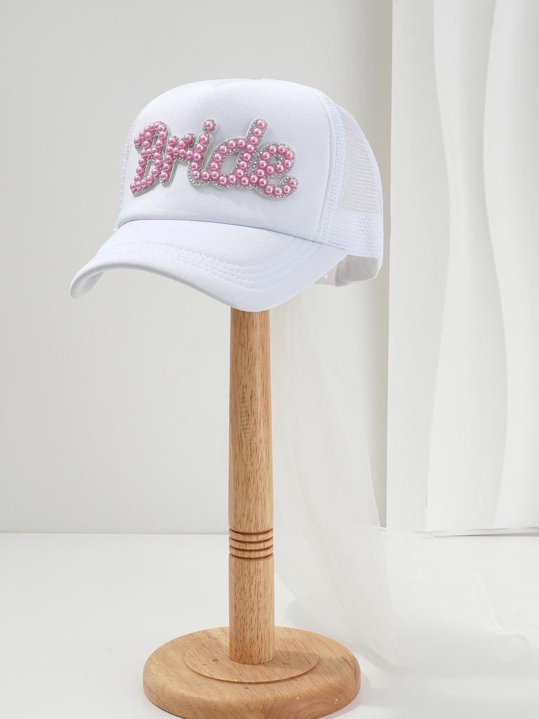 Unisex Casual Hat with Pearl Letters, Mesh & Bridal Veil for a Chic Engagement Party