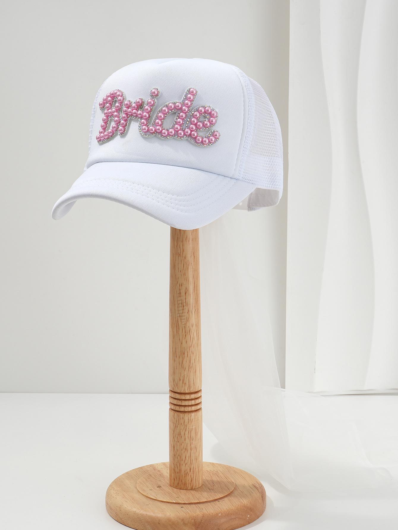 

Unisex Casual Hat with Pearl Letters, Mesh & Bridal Veil for a Chic Engagement Party Medium (56-58cm)