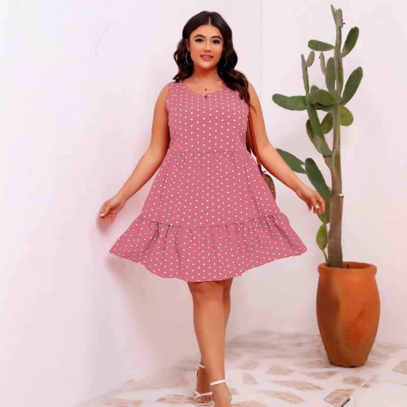 

Платье без рукавов с круглым вырезом и оборками в горошек 4XL розовый