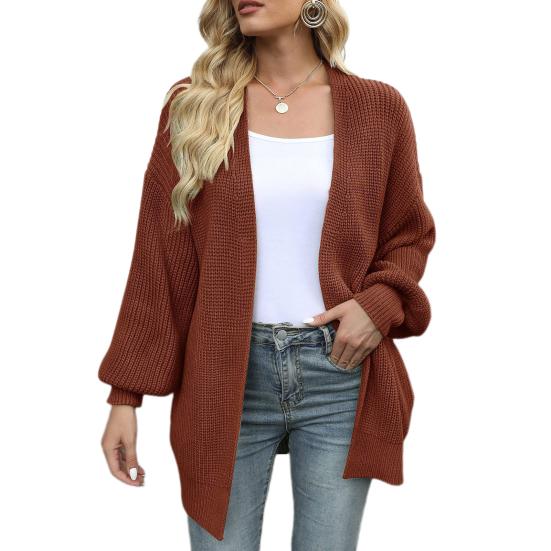 Damer Genser Kåpe Krageløs Lanternelangermet Åpen Front Strikkekåpe Ensfarget Løs Passform Mellomlang Overbekledning