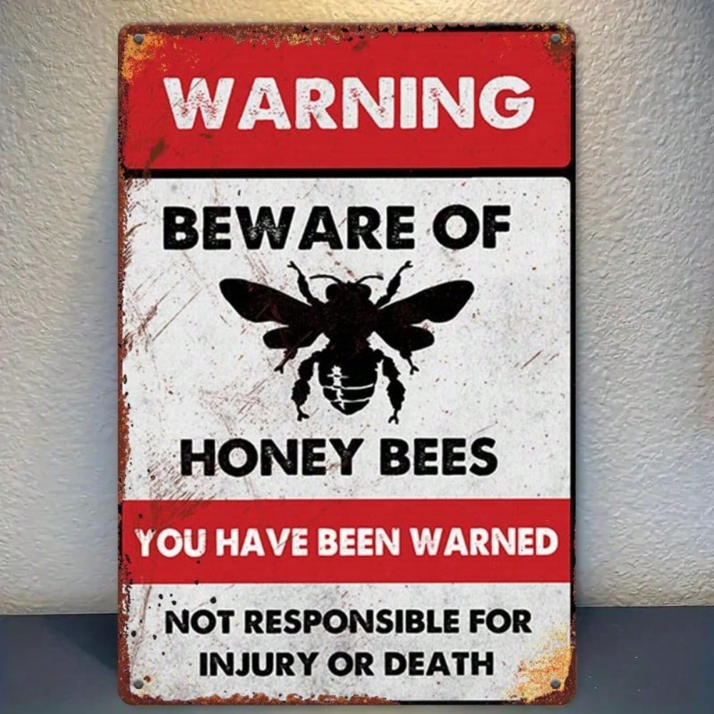 Antique Bees Beware Warning Tin Sign Farmhouse Decor Rustic Wall Art
