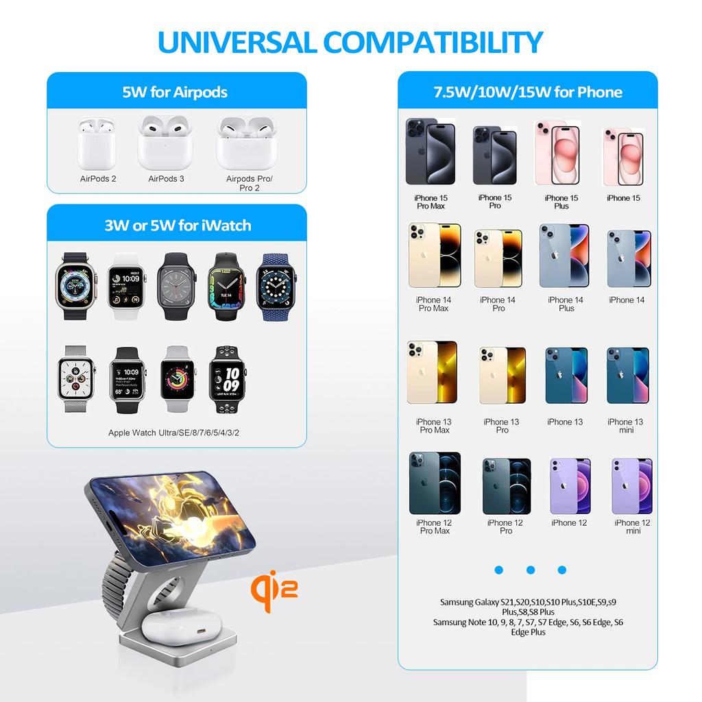 Qi2 3 In 1 15W Magnetic Wireless Charger for Iphone 16 15 14 13 Fast Charging Folding for Watch Airpods Wireless Charger