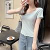 U-neck collarbone pure desire sweet hottie lace short-sleeved t-shirt women's spring and summer design short front shoulder bm small top