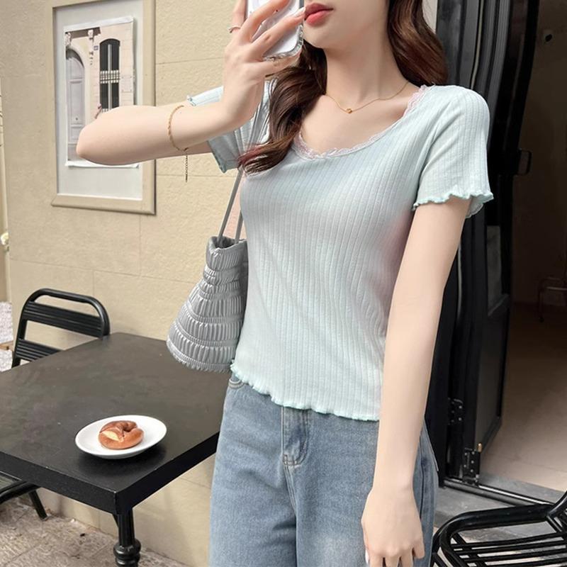 U-neck collarbone pure desire sweet hottie lace short-sleeved t-shirt women's spring and summer design short front shoulder bm small top