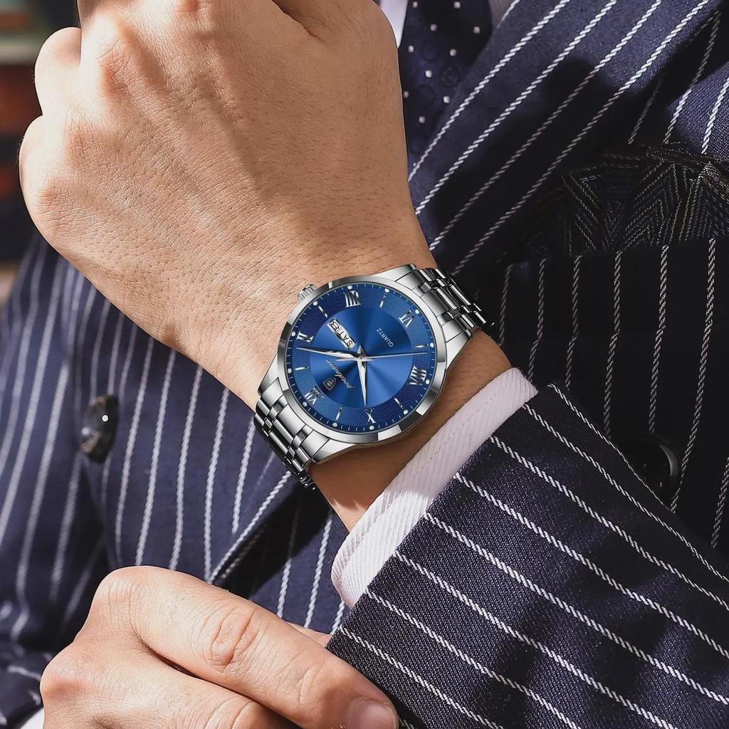 POEDAGAR Luxury Man Clock Waterproof Luminous Week Date Fashion Men's Wristwatch Stainless Steel Business Quartz Watches For Men