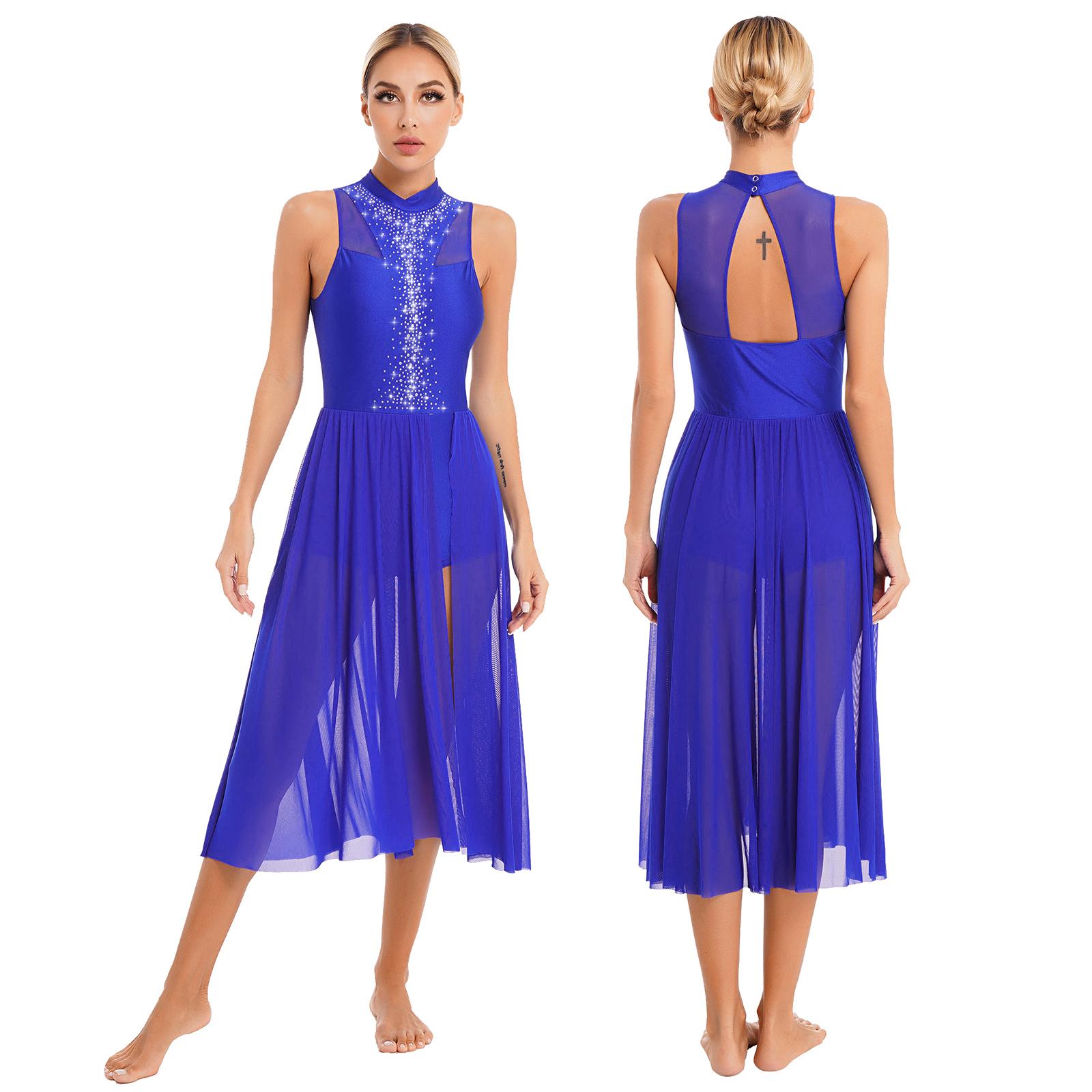 Costume da ballo da donna, abito senza maniche con strass scintillanti, collo alto, spacco laterale e buco della serratura M colore blu royal