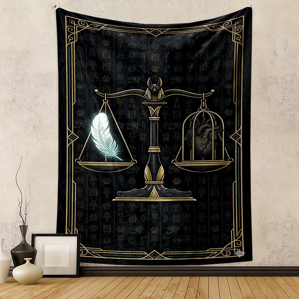 Anubis Scales with Feather and Heart Art - Patterned tapestry for bedroom and living room home decor