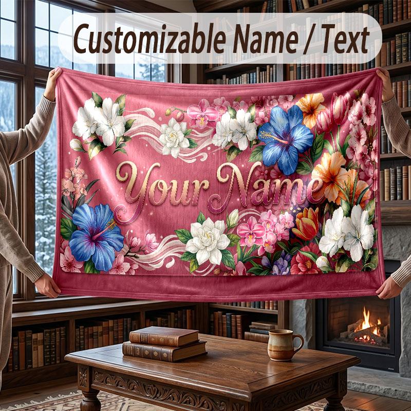 Floral Garden Theme Throw Blanket Custom Name Text Personalized Blanket Soft Cozy Blanket for Home Sofa Bed