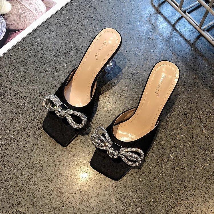 Wide Fit Crystal Flat Slides With Square Toe And Rubber Sole For Summer
