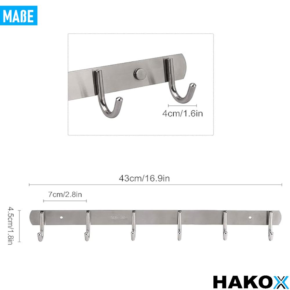 HAKOX Listwa z haczykami Haczyki na ubrania Haczyki na płaszcze Listwa do garderoby Stal nierdzewna 6 haczyków
